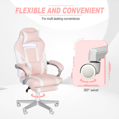 Faux Leather Reclining Gaming Chair, with Footrest - Pink/White