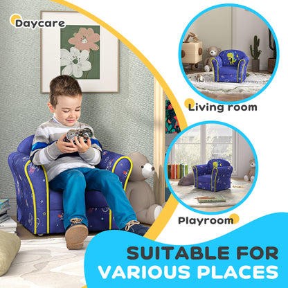 AIYAPLAY Kids Armchair with Planet Dinosaurs Design, Wooden Frame, for Bedroom, Playroom, Kids Room - Blue