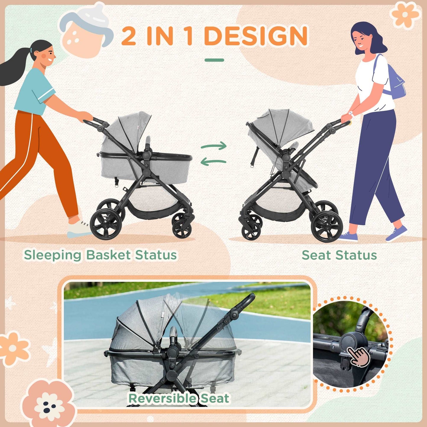 2 in 1 Lightweight Pushchair w/ Reversible Seat, Foldable Travel Baby Stroller w/ Fully Reclining From Birth to 3 Years, 5-point Harness Grey