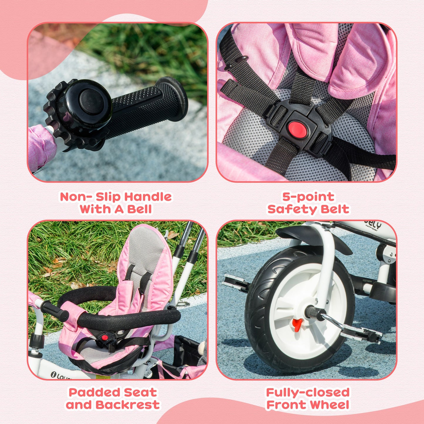 4 in 1 Kids Trike Push Bike w/ Push Handle, Canopy, 5-point Safety Belt, Storage, Footrest, Brake, for 1-5 Years, Pink