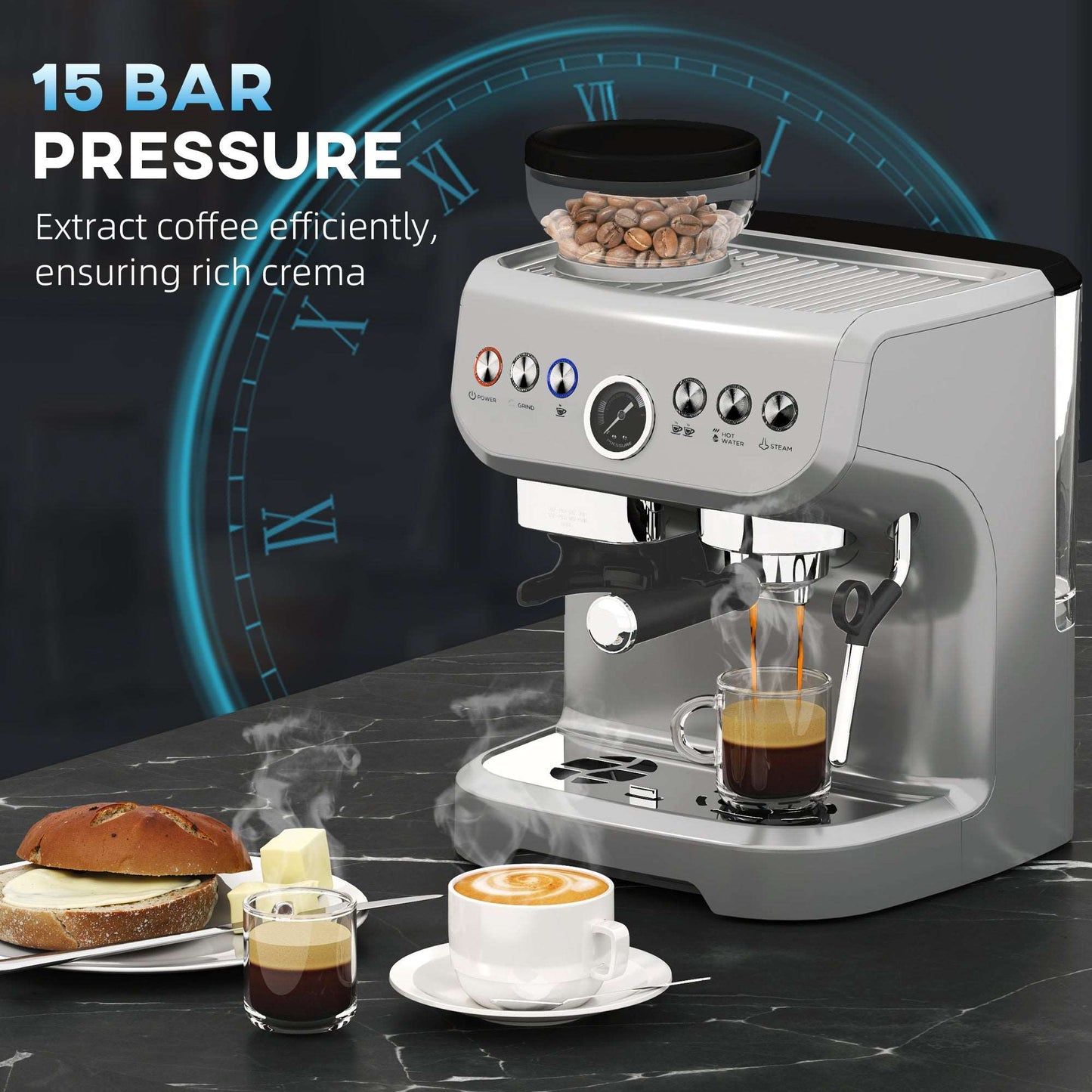 15 Bar Coffee Expresso Machine, with Adjustable Grind, Steamer and Accessories - Silver Colour