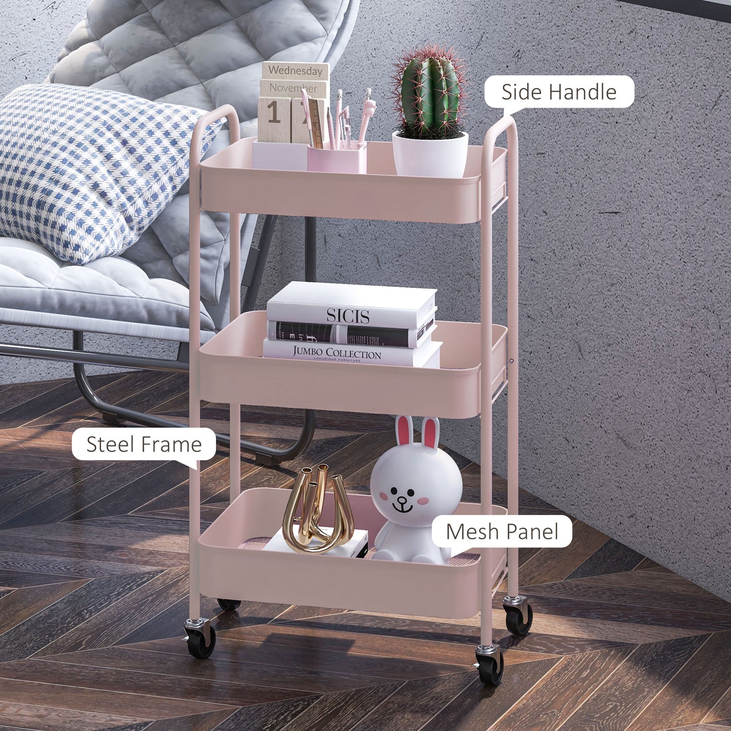 Three-Tier Steel Storage Trolley - Pink Or Blue