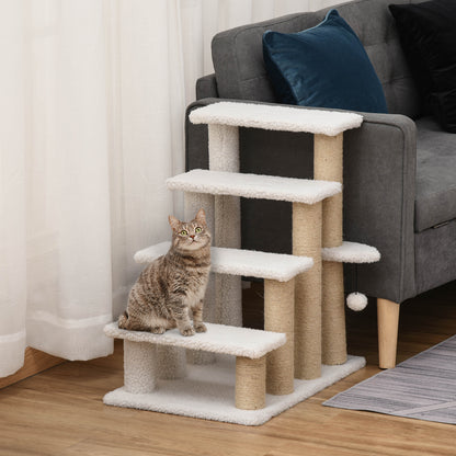 PawHut Pet Stairs with 4-step Climb Ladder, Scratching Posts, Platforms, Toy Ball, for Indoor Elderly Cats Kittens, White