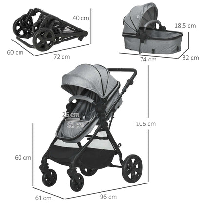 2 in 1 Lightweight Pushchair w/ Reversible Seat, Foldable Travel Baby Stroller w/ Fully Reclining From Birth to 3 Years, 5-point Harness Grey