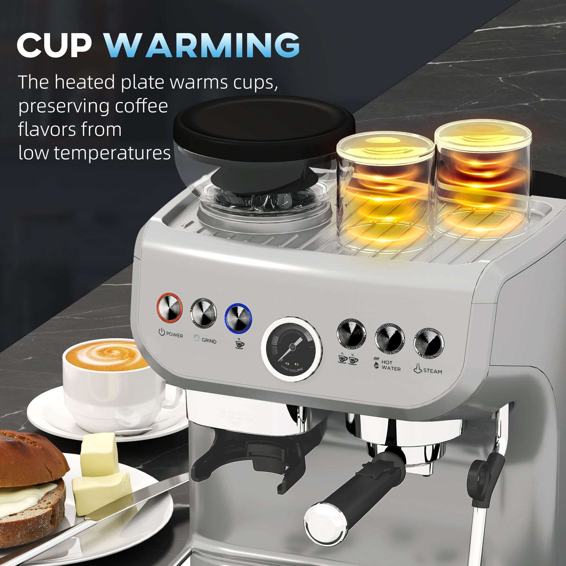 15 Bar Coffee Expresso Machine, with Adjustable Grind, Steamer and Accessories - Silver Colour