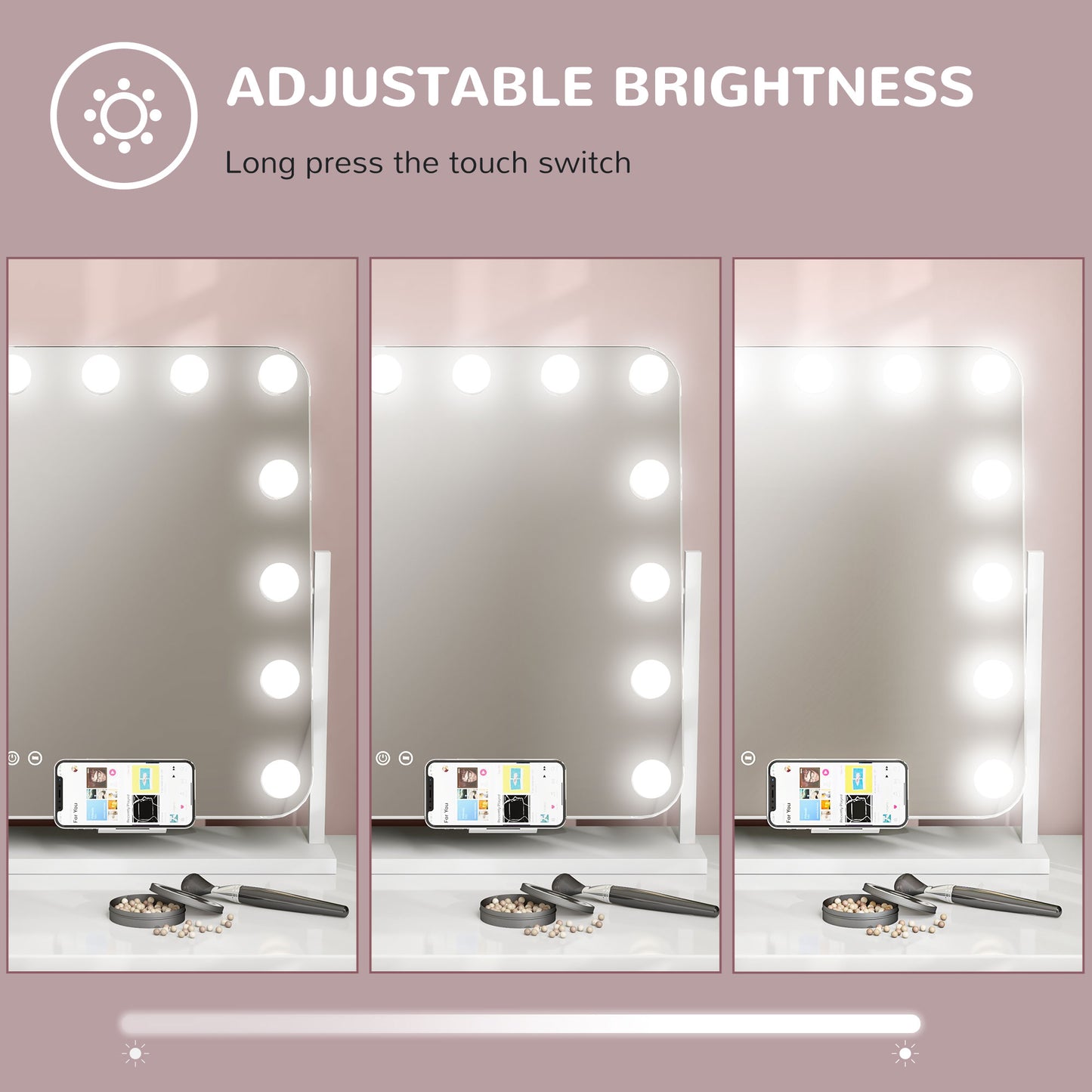 Hollywood Vanity Mirror W/ Lights Large 63x50 cm Makeup Mirror, 3 Colour, 14 LED Bulbs, 10X Magnifying, USB Charging Port, Phone Holder, 360° Rotation