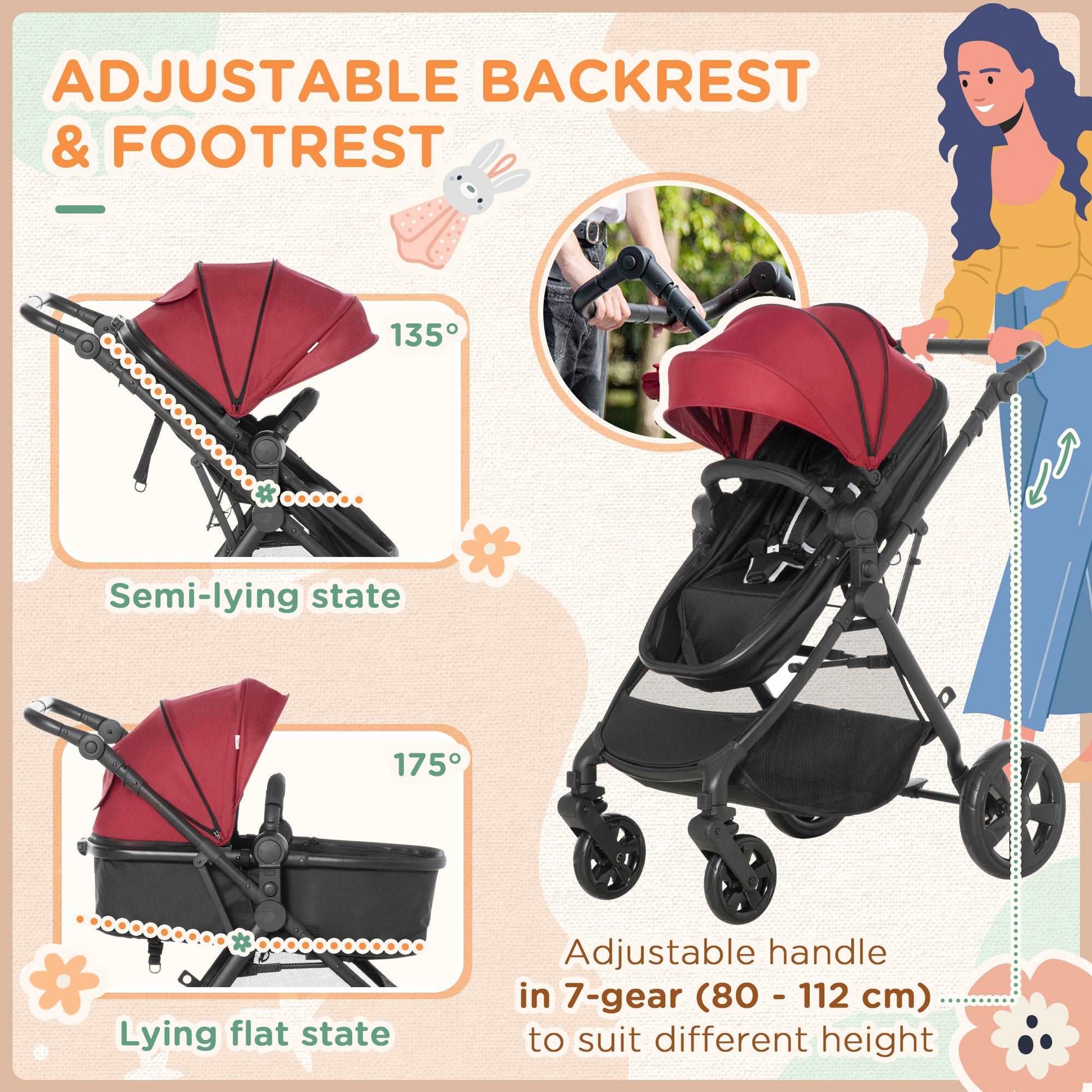 2 in 1 Lightweight Pushchair w/ Reversible Seat, Foldable Travel Baby Stroller w/ Fully Reclining From Birth to 3 Years, 5-point Harness Red