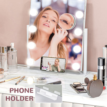 Hollywood Vanity Makeup Mirror W/ Lights, 37x46 cm Lighted, 3 Colour, 12 LED Bulbs, 10X Magnifying, USB Charging Port, Phone Holder, 360° Rotation