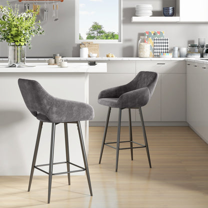 Retro Style Set of Two Velvet-Feel Bar Stools - Grey