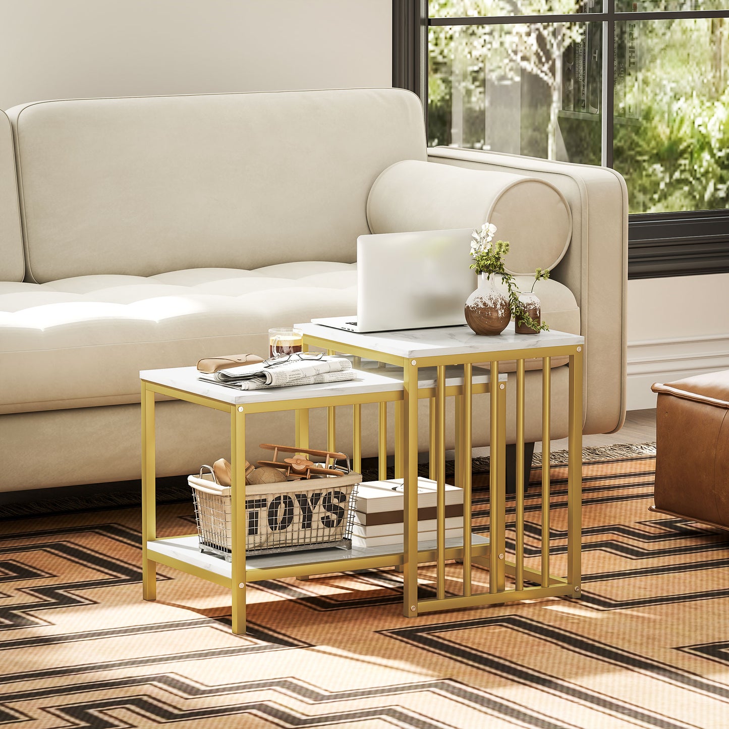 Modern Coffee Table Set of Two, Marble-Effect Nesting Side Tables with Steel Frame for Living Room, Gold Tone