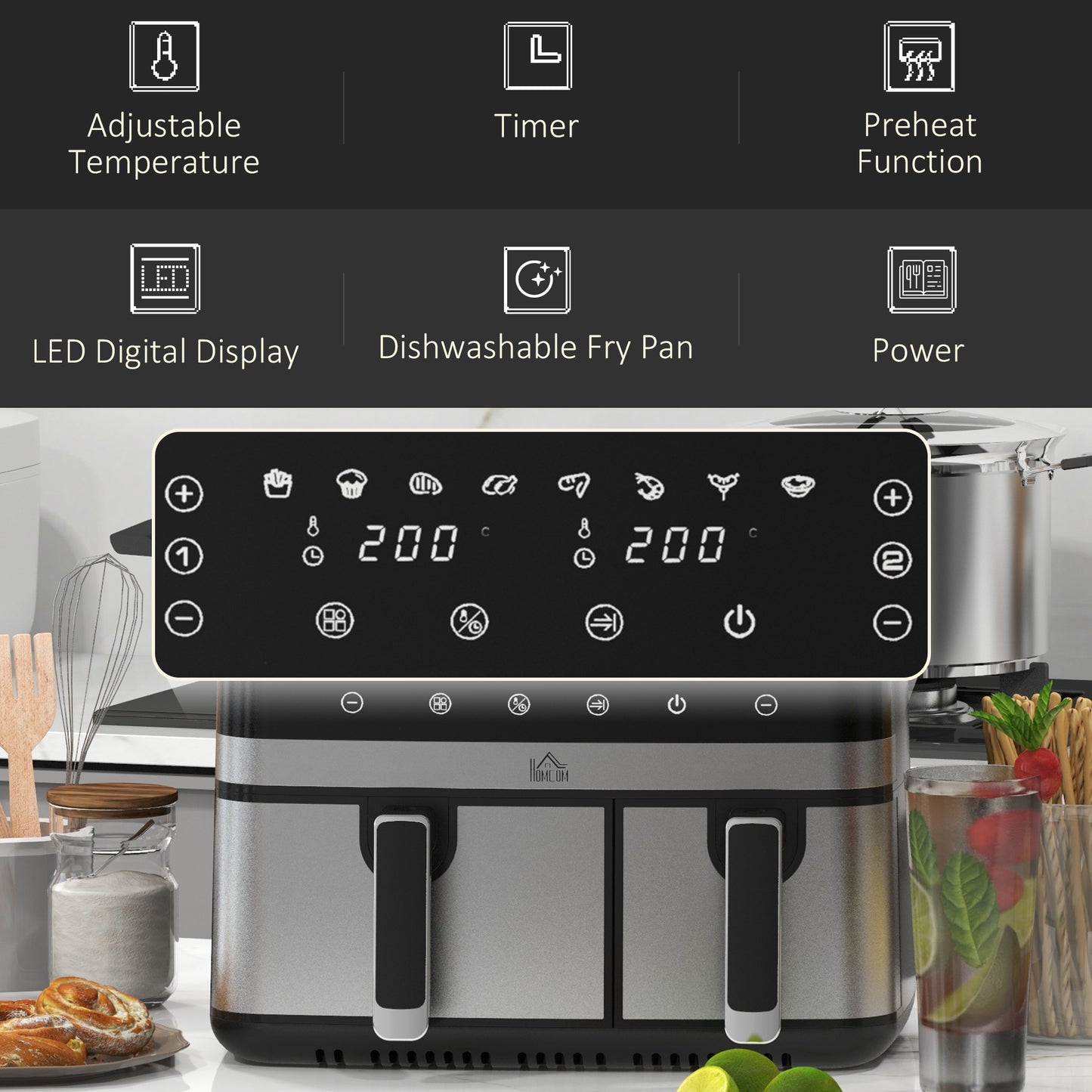 Dual Air Fryer, 8.5L Family Size Double Air Fryer Oven with 8-In-1 Presets, Smart Finish, Digital Display, Recipe, Timer, Healthy Cooking, 2700W