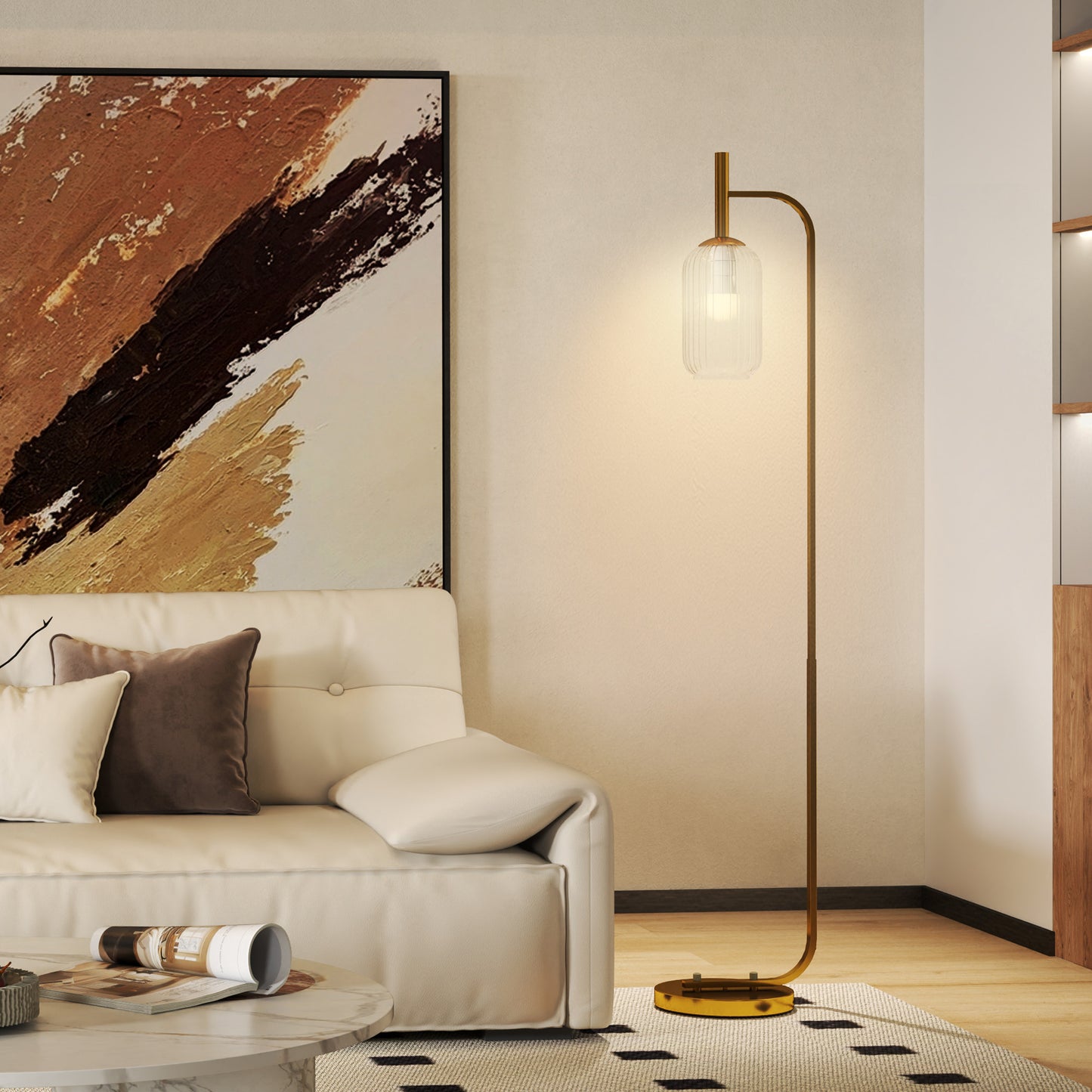 Floor Lamp for Living Room with Glass Lampshade, Modern Standing Lamp with Foot Switch for Bedroom, Bulb not Included, Gold Tone