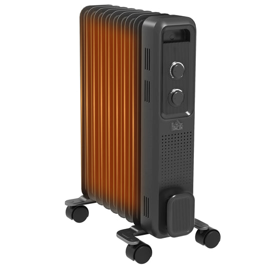 2000W Oil Filled Radiator, 9 Fin, Portable Electric Heater with 3 Heat Settings, Safety Cut-Off and Wheels, Grey