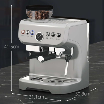 15 Bar Coffee Expresso Machine, with Adjustable Grind, Steamer and Accessories - Silver Colour