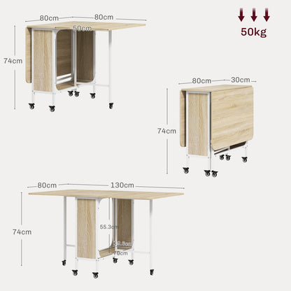 Retro Style Mobile Drop Leaf Table Folding Kitchen Table Extendable Dining Table For Small Spaces With 6 Wheels & Storage Shelf Natural Wood Finish