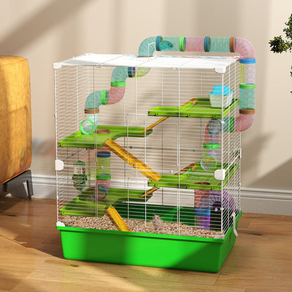 PawHut Hamster Cage With Water Bottle, Exercise Wheel, Tubes, Ramps - Green