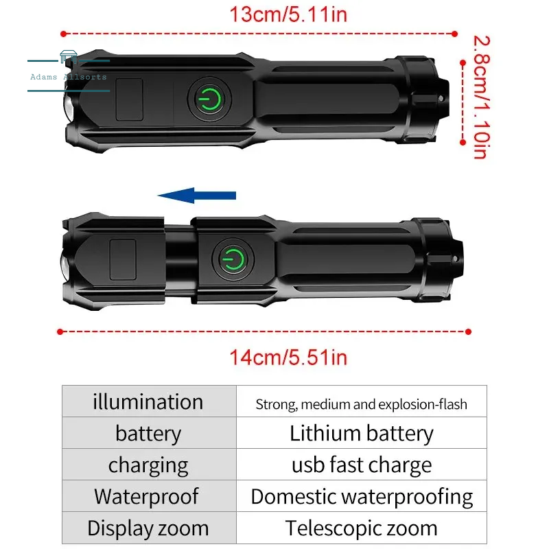 Powerful LED Flashlight Rechargeable USB 18650 Waterproof Zoom 100,000 Lumens Tactical For Fishing, Hicking, Camping