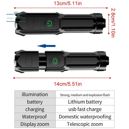 Powerful LED Flashlight Rechargeable USB 18650 Waterproof Zoom 100,000 Lumens Tactical For Fishing, Hicking, Camping