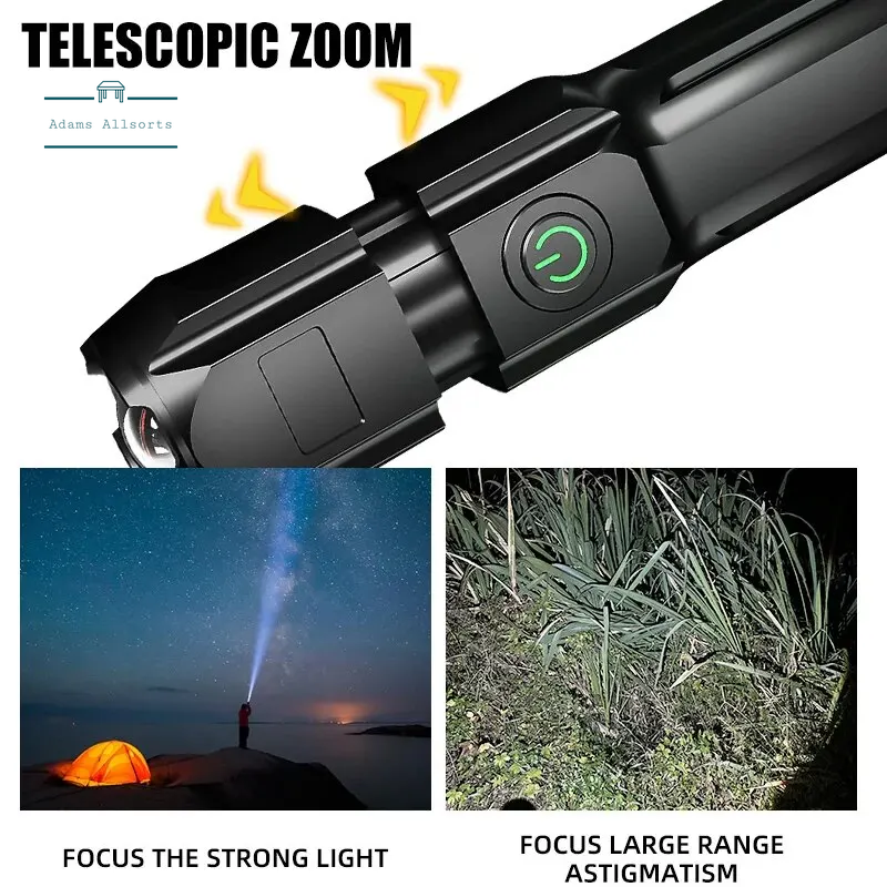 Powerful LED Flashlight Rechargeable USB 18650 Waterproof Zoom 100,000 Lumens Tactical For Fishing, Hicking, Camping