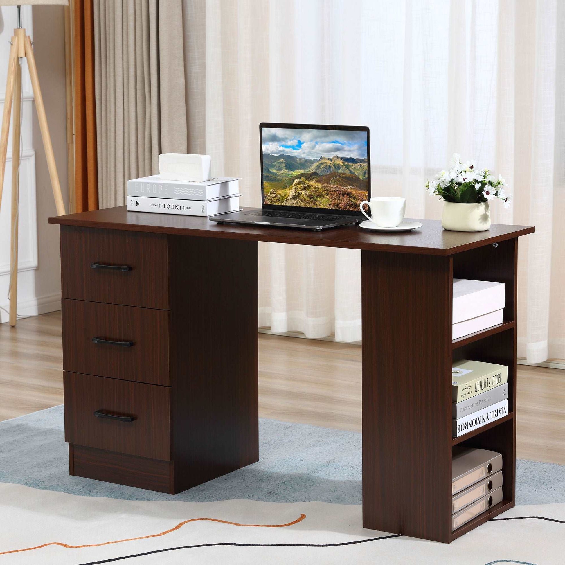 120cm Computer Desk with Storage Shelves Drawers, Writing Table Study Workstation for Home Office, Walnut Brown