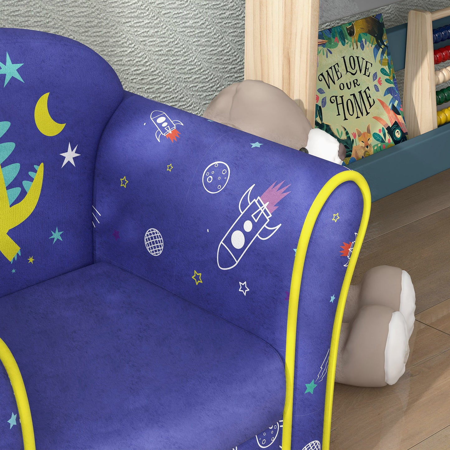 AIYAPLAY Kids Armchair with Planet Dinosaurs Design, Wooden Frame, for Bedroom, Playroom, Kids Room - Blue