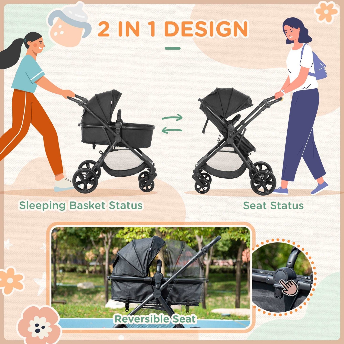 2 in 1 Lightweight Pushchair w/ Reversible Seat, Foldable Travel Baby Stroller w/ Fully Reclining From Birth to 3 Years, 5-point Harness Black