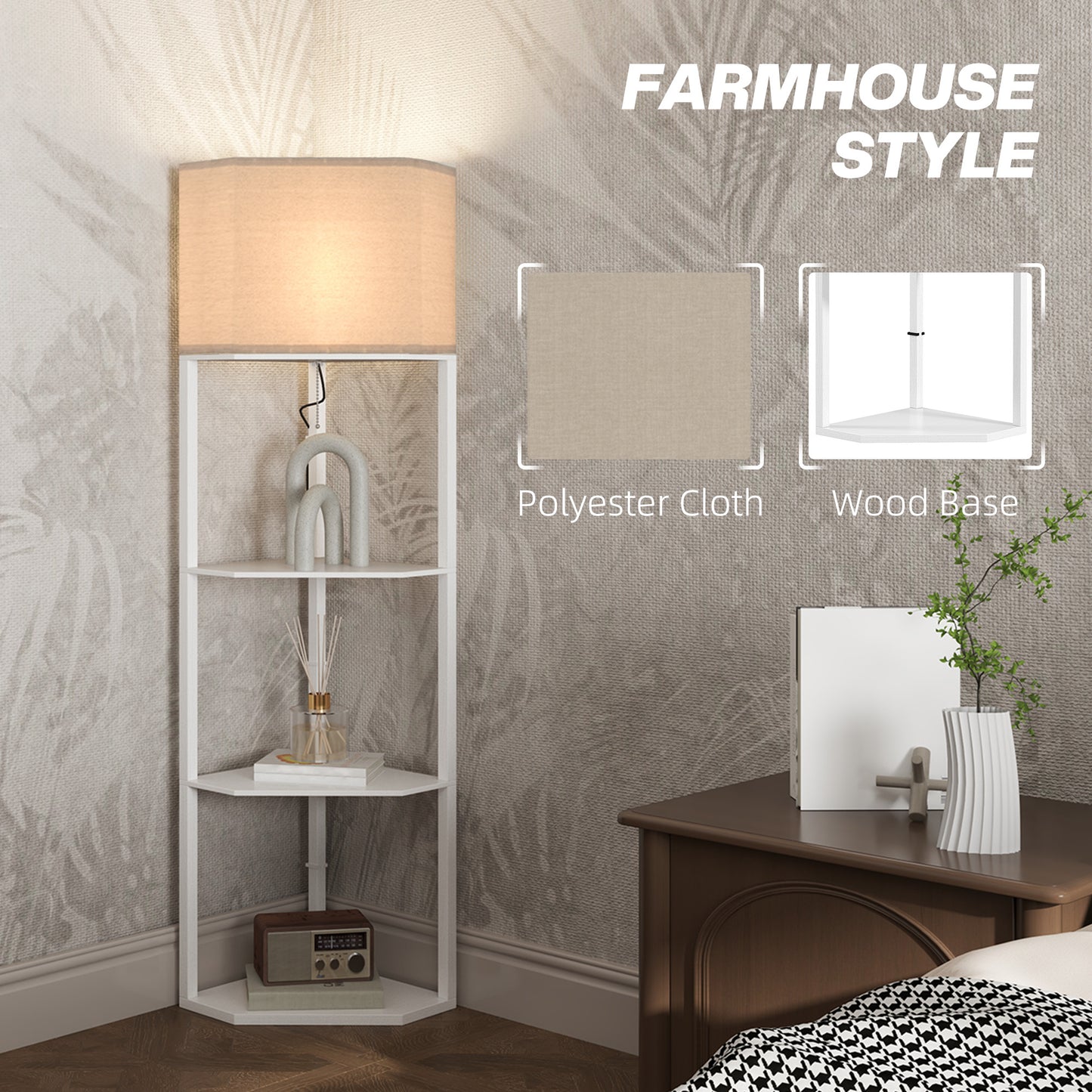 Corner Floor Lamp with Shelves, Tall Standing Lamps for Living Room, with Pull Chain Switch Bulb not Included, White