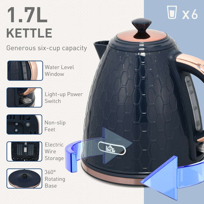 Kettle and Toaster Set, 1.7L 3000W Fast Boil Jug Kettle with Auto Shut Off, 4 Slice Toaster with 7 Level Browning Controls & Crumb Tray, Blue