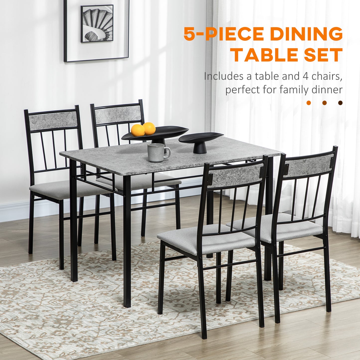 HOMCOM 5 Pieces Dining Room Sets, Modern Dining Table and Chairs Set 4 with Marble Effect Tabletop, Padded Kitchen Chairs and Metal Frame, Light Grey