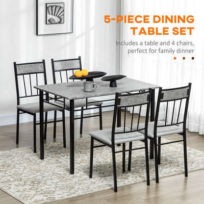 HOMCOM 5 Pieces Dining Room Sets, Modern Dining Table and Chairs Set 4 with Marble Effect Tabletop, Padded Kitchen Chairs and Metal Frame, Light Grey