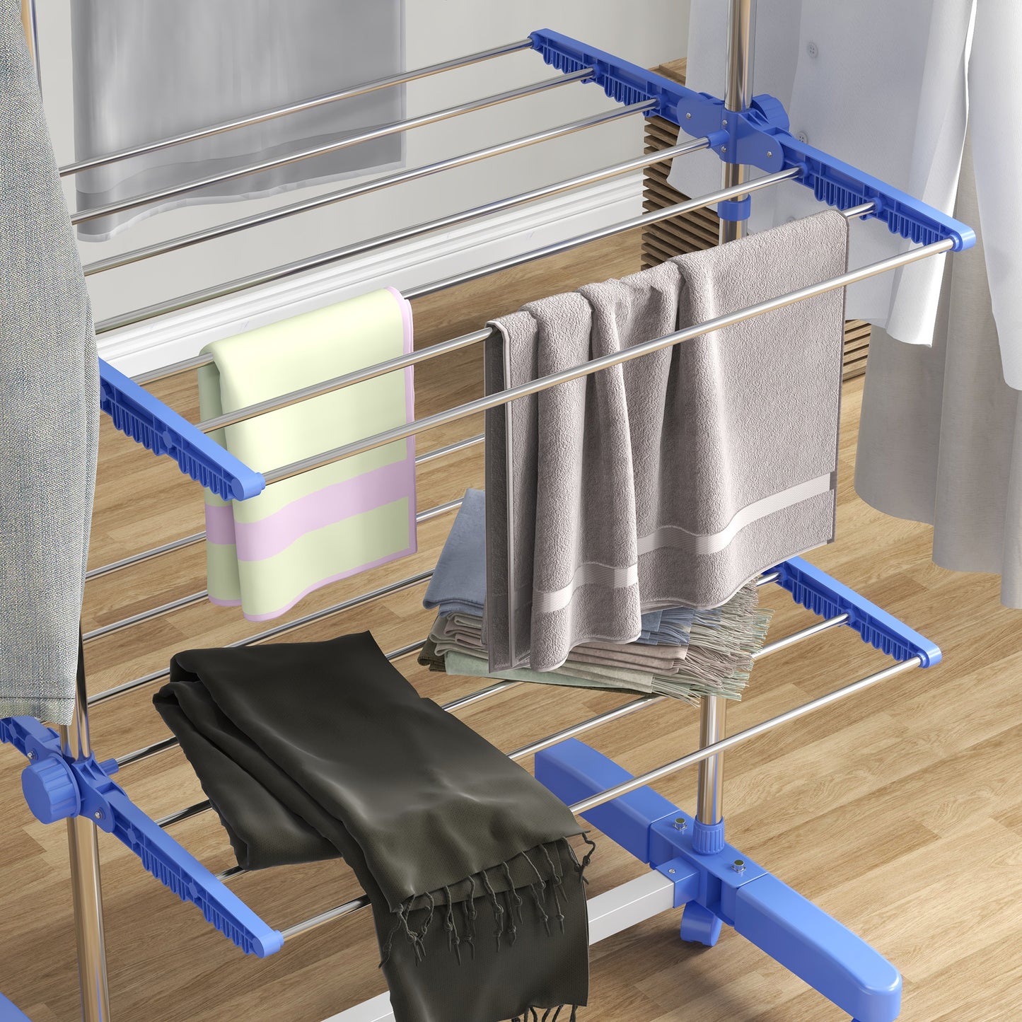 4-Tier Clothes Airer, Foldable Clothes Drying Rack, Indoor And Outdoor Clothes Dryer With Wheels and Wings, 142 x 55 x 172cm, Blue