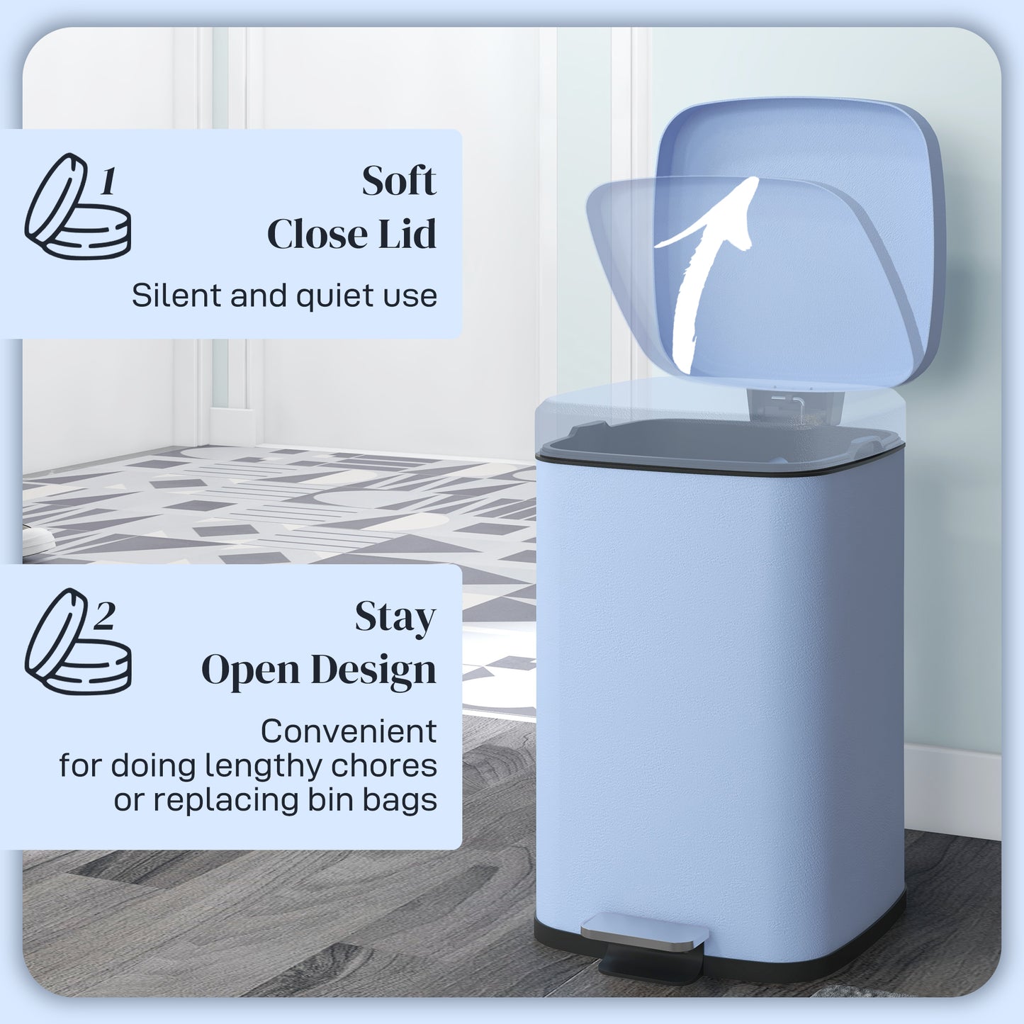 20 Litre Pedal Bin, Fingerprint Proof Kitchen Bin with Soft-close Lid, Metal Rubbish Bin with Foot Pedal and Removable Inner Bucket, Light Blue