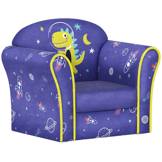 AIYAPLAY Kids Armchair with Planet Dinosaurs Design, Wooden Frame, for Bedroom, Playroom, Kids Room - Blue