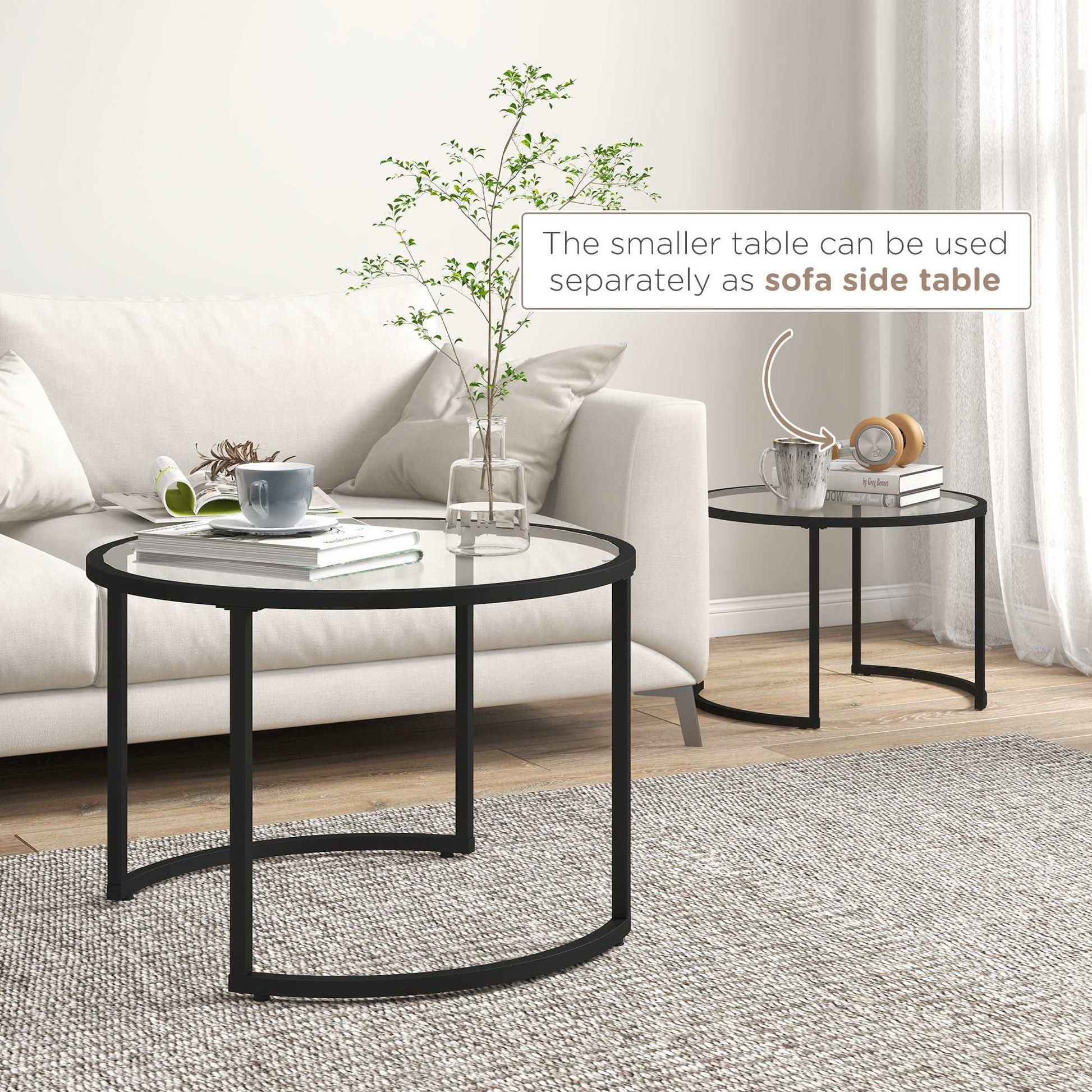 Glass Coffee Table Set of 2, Round Nest of Tables with Tempered Glass Tabletop and Steel Frame, Modern Side Tables for Living Room, Black