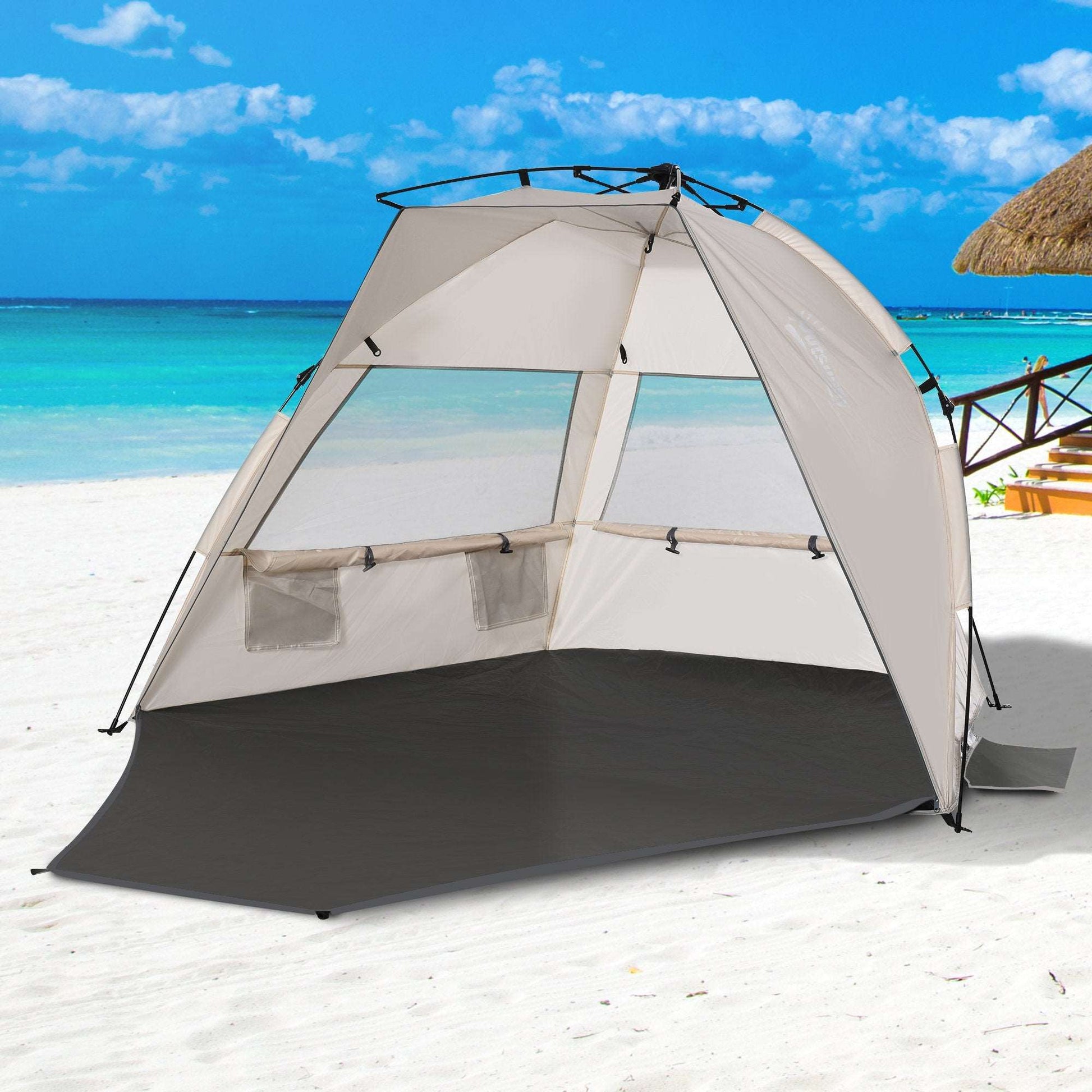 1-2 Man Pop-Up Beach Tent, Sun Shelter UV 20+ Protection w/ Long Floor Mesh Windows Sandbags Carry Bag Summer Hut House