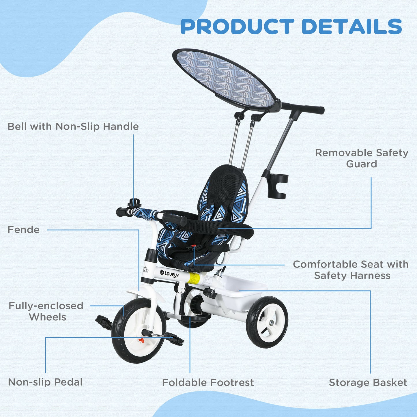 4 in 1 Tricycle for Kids with 5-point harness straps, Removable Canopy, Blue