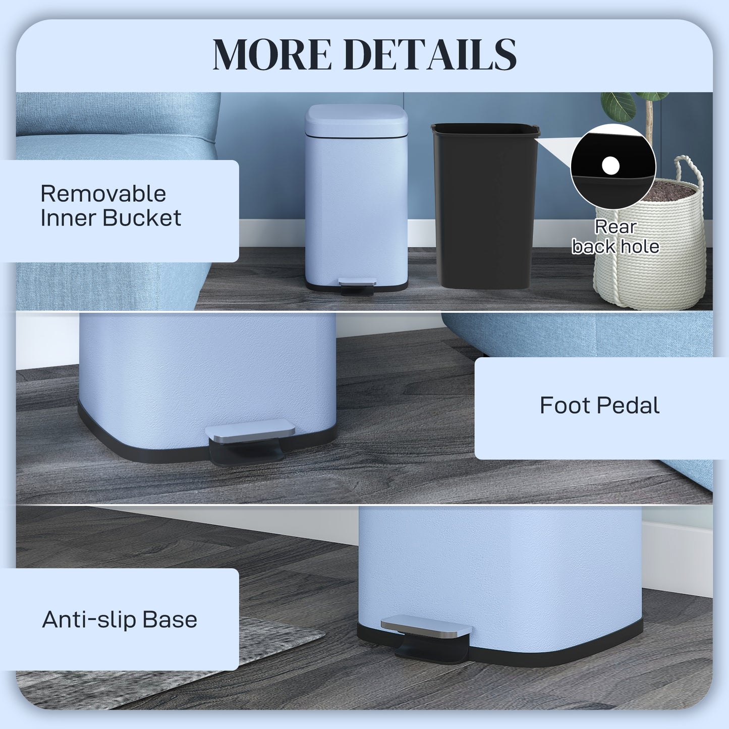 20 Litre Pedal Bin, Fingerprint Proof Kitchen Bin with Soft-close Lid, Metal Rubbish Bin with Foot Pedal and Removable Inner Bucket, Light Blue