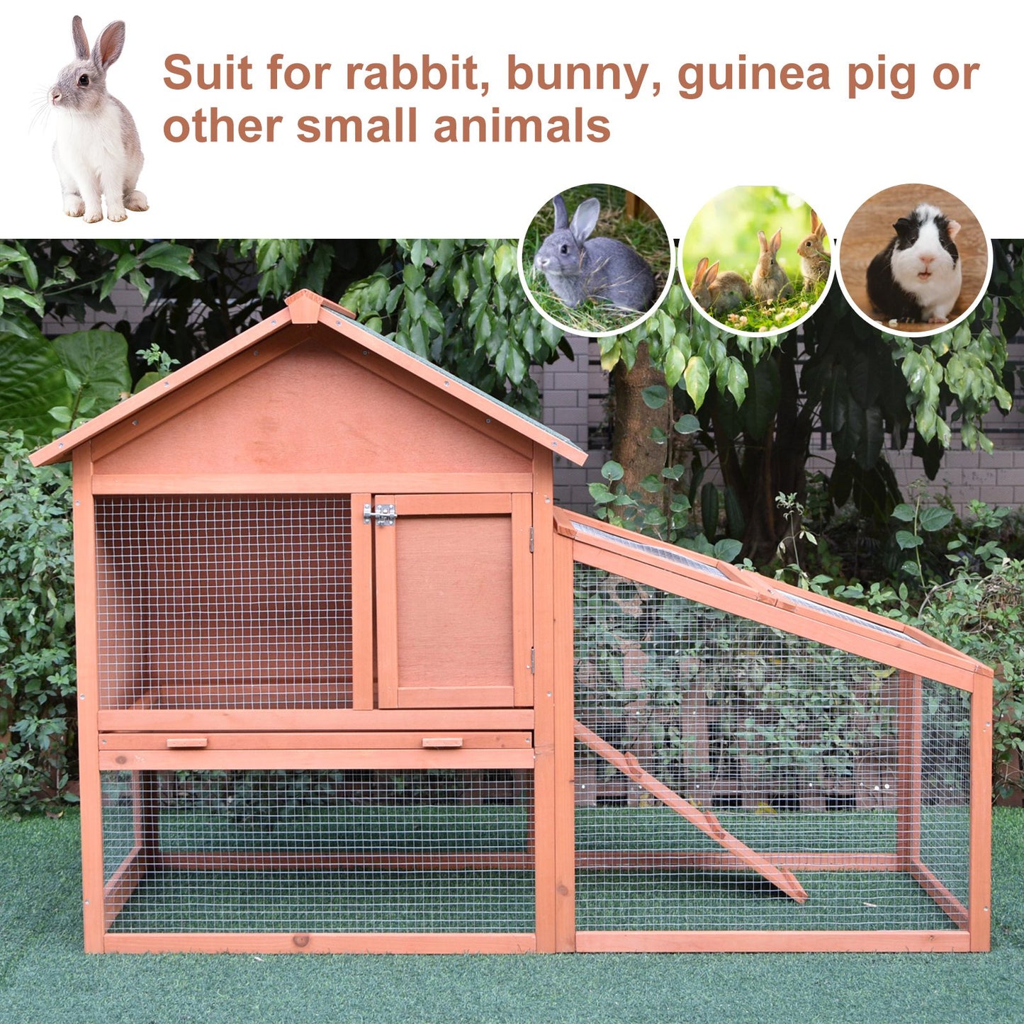 PawHut 2 Tier Rabbit Cage, Solid Wood Bunny House, Water Resistant Asphalt Roof Ramp Sliding tray 144 x 64.5 x 100 cm Red/Brown