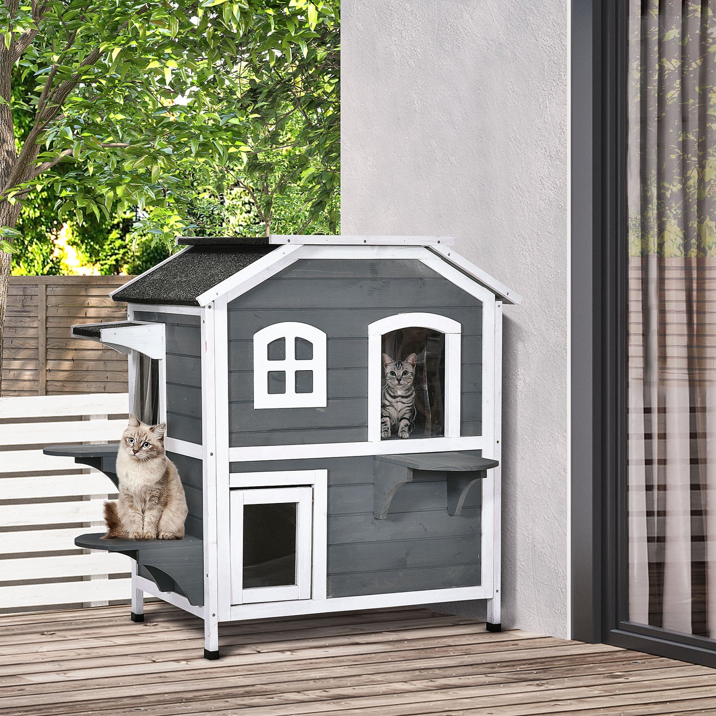 PawHut Solid Wood Cat Condos Pet House Water Proof Outdoor 2-Floor Villa, Grey