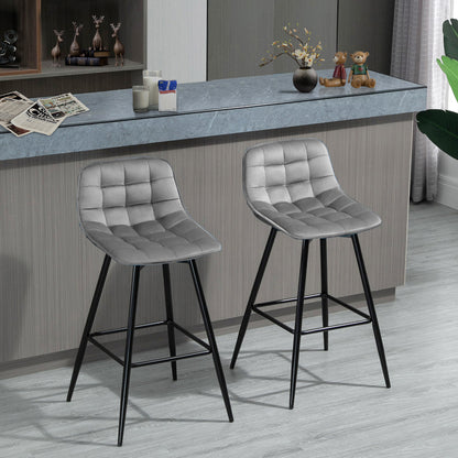 Retro Style Set of 2 Bar stools With Backs Velvet-Touch Dining Chairs Kitchen Counter Chairs  Fabric Upholstered seat with Metal Legs, Backrest, Grey