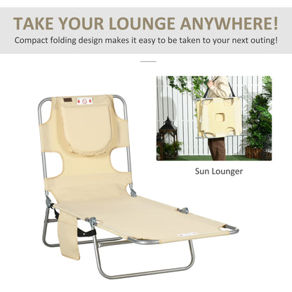 Outsunny Foldable Camping Sun Lounger, Beach Chaise Lounge with Reading Hole, Arm Slots, 5-Position Adjustable Backrest, Side Pocket, Pillow for Patio, Beige