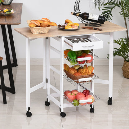 Drop-Leaf Kitchen Trolley w/ 3 Baskets Drawer Surface Top 6 Wheels Rolling Storage Unit Kitchen Home Dining Cart White Oak Tone