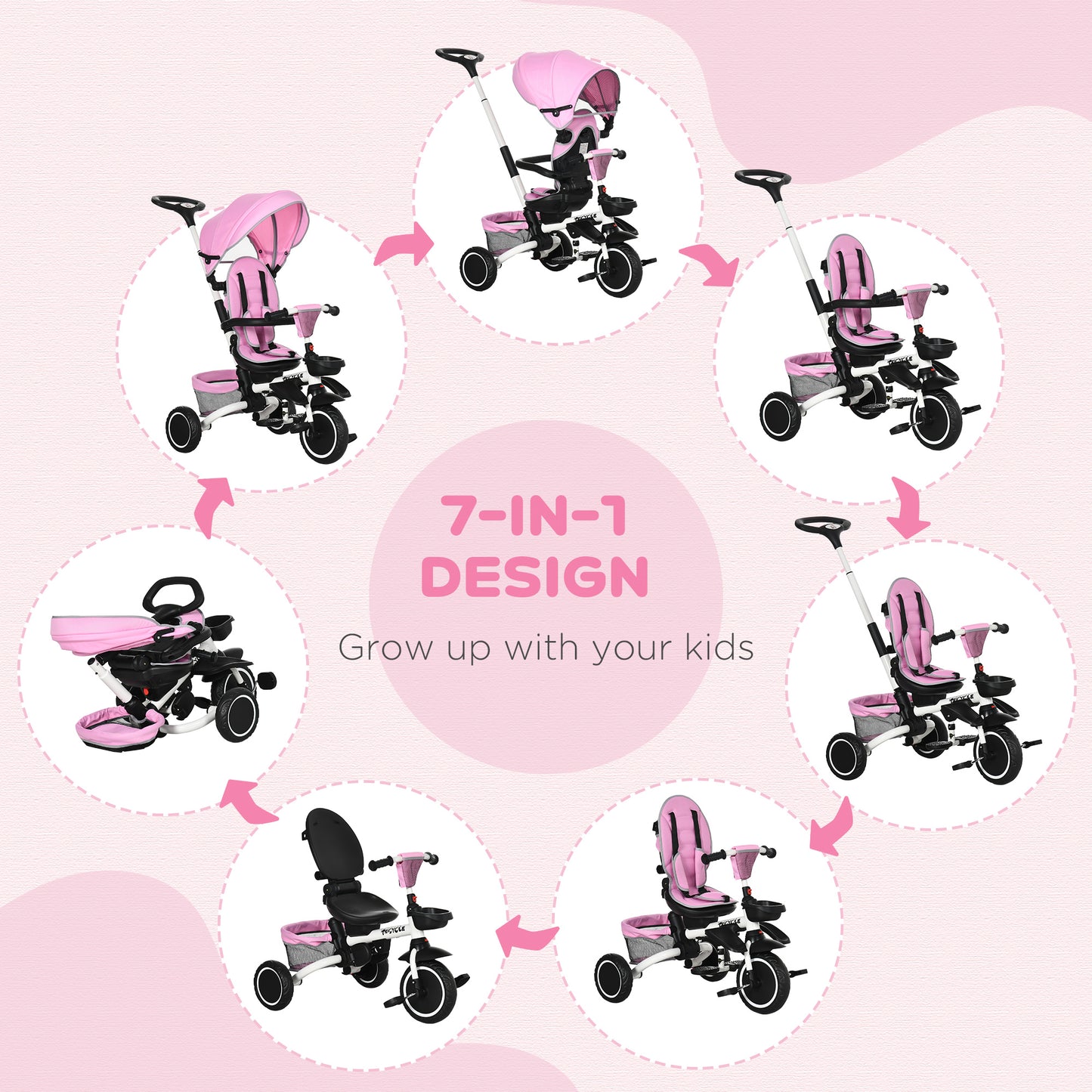 7-in-1 Tricycle for Kids, Baby Trike with Rotatable Seat, Adjustable Push Handle Safety Harness Detachable Canopy Semi-reclining Footrest Pink