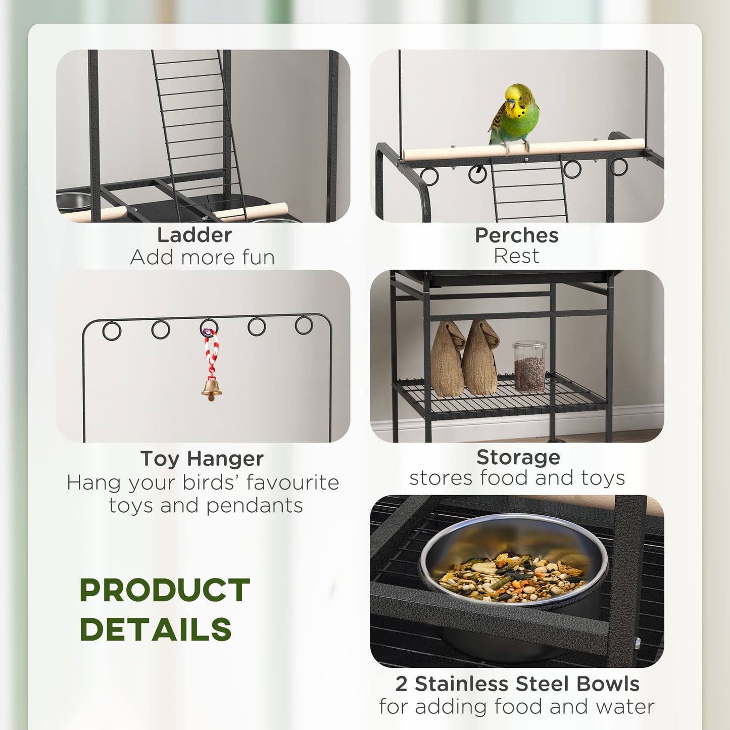 PawHut Steel Bird Table, Bird Feeder stand, with Perches, Stainless Steel Feed Bowls, Trays - Dark Grey