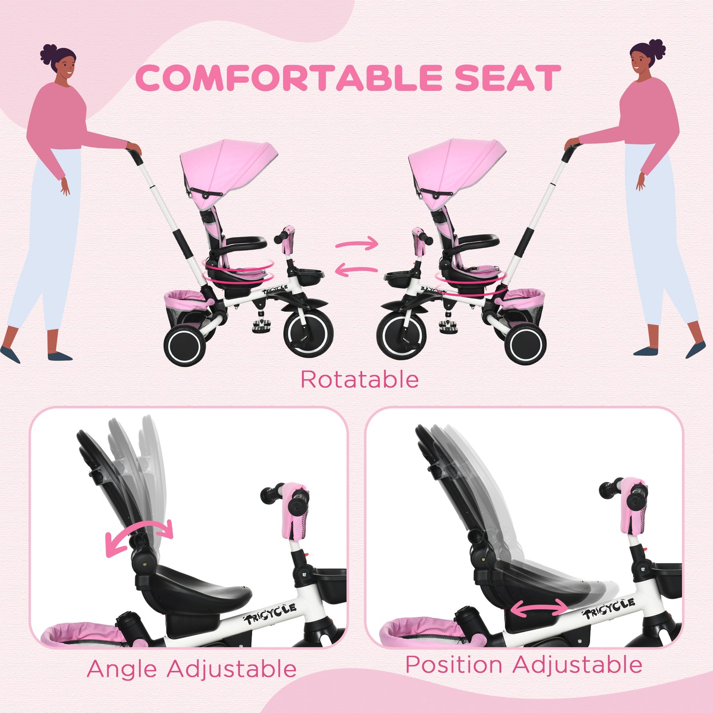 7-in-1 Tricycle for Kids, Baby Trike with Rotatable Seat, Adjustable Push Handle Safety Harness Detachable Canopy Semi-reclining Footrest Pink