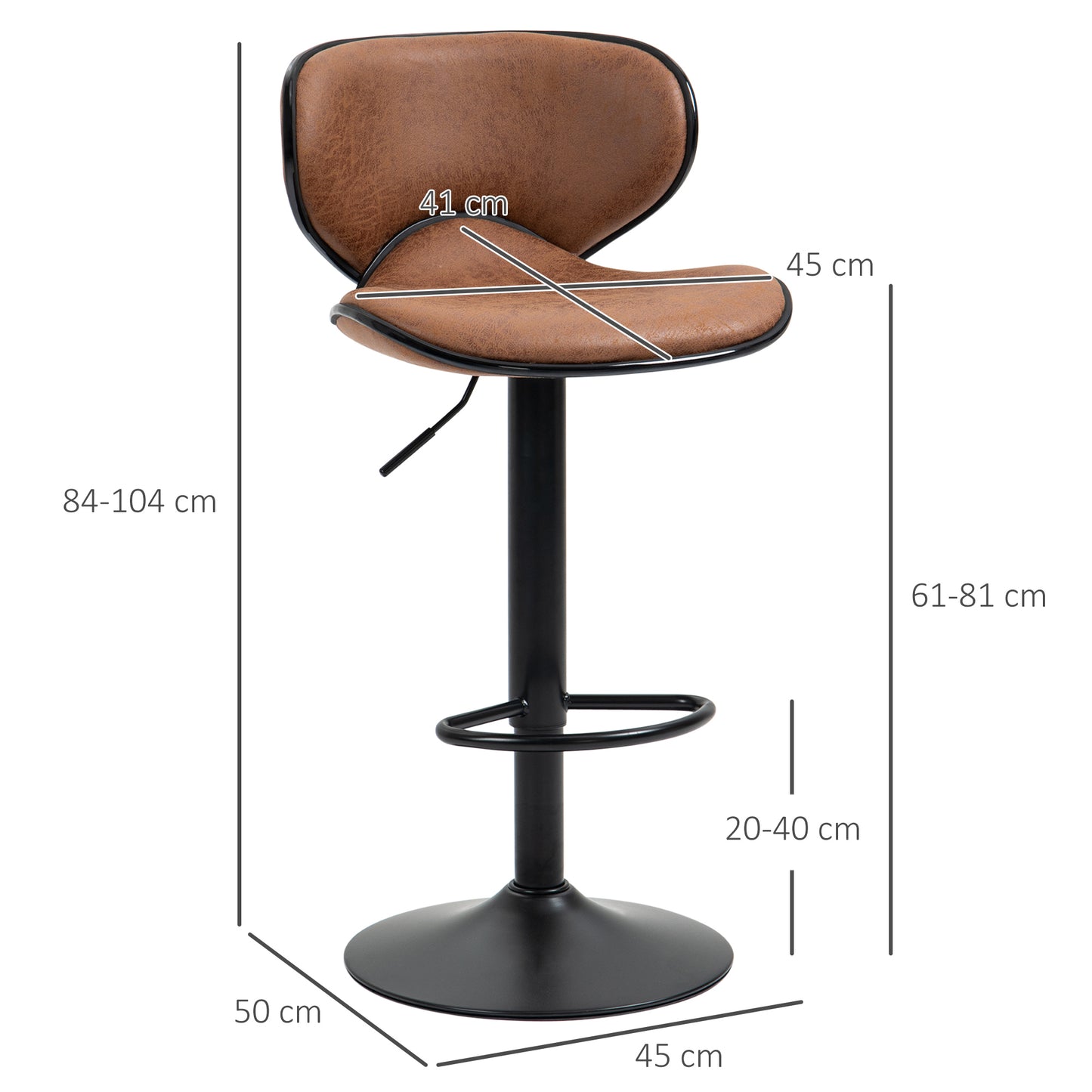 Bar Stool Set of 2 Microfibre Cloth Adjustable Height Armless Chairs with Swivel Seat, Brown