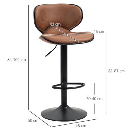 Bar Stool Set of 2 Microfibre Cloth Adjustable Height Armless Chairs with Swivel Seat, Brown