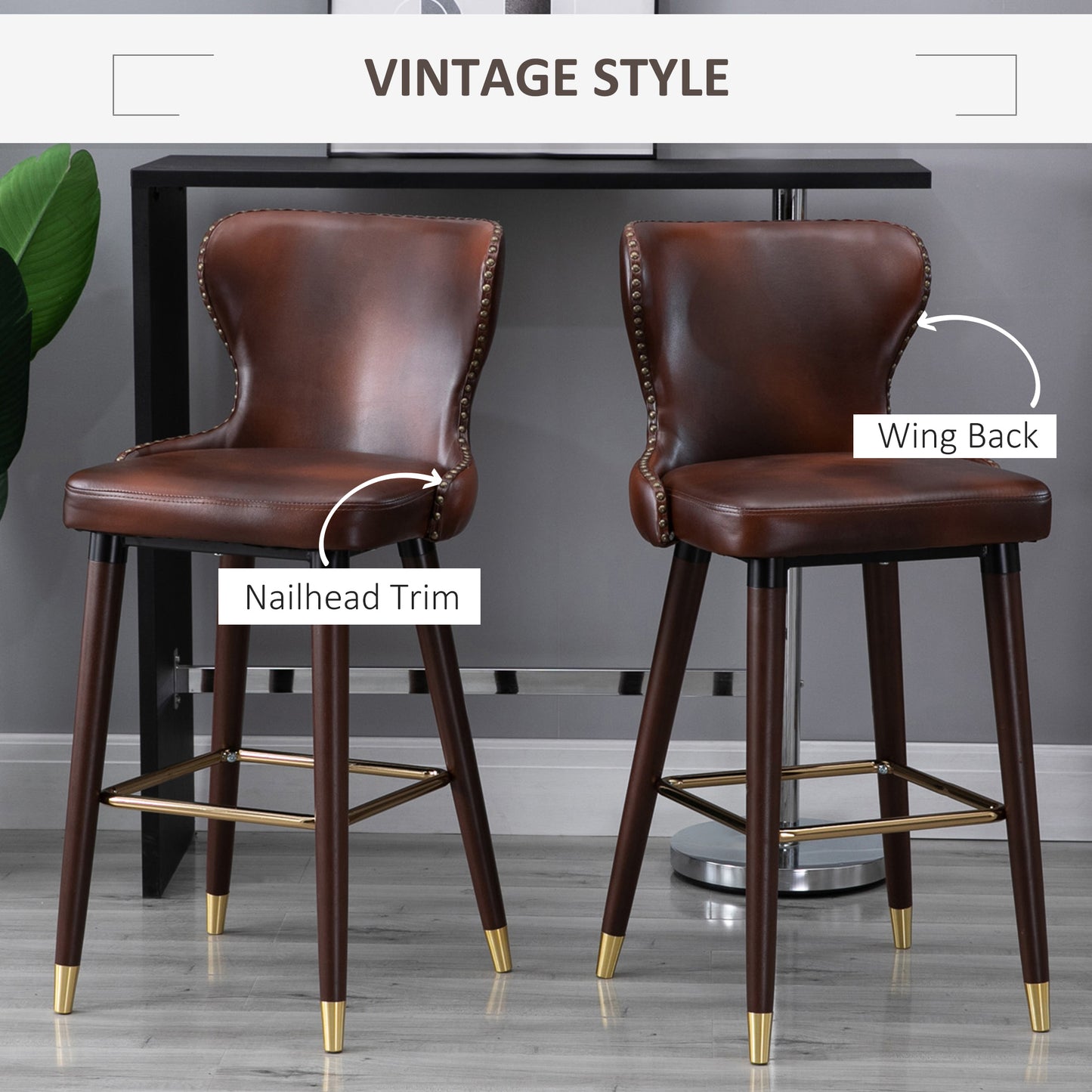 Retro Look Bar Stools Set of 2, PU Leather Vintage Counter-Height Bar Chair, Luxury European Style Kitchen Stools with Back, Brown