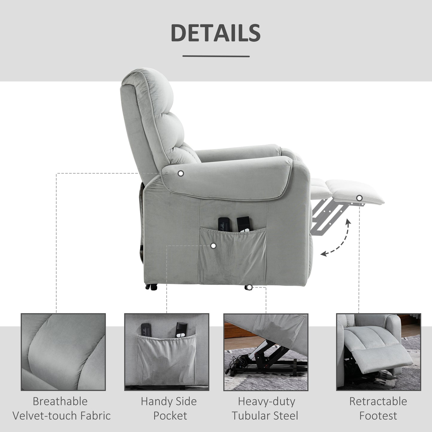 Vibration Massage Rise and Recliner Chair, Electric Power Lift Recliner with Remote Control and Side Pocket, Grey