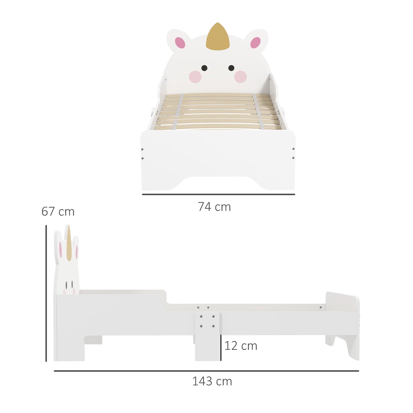 ZONEKIZ Toddler Bed, Kids Bedroom Furniture Unicorn Design for 3-6 Years Old, 143 x 74 x 67 cm, White